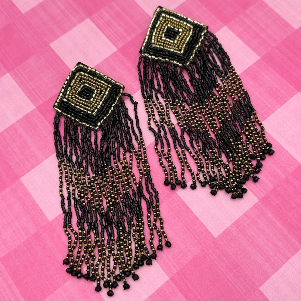🌼 Large Black Gold Seed Bead Fringe Shoulder Duster Earrings